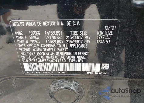 2022 Honda Hr-V Awd Lx z USA, uszkodzony, nr VIN 3CZRU6H34NM741280